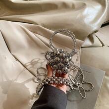 时尚金属珠柄迷你方形女士手提包，2025年夏季新款别致百搭单肩斜挎包，白色大号珍珠女士钱包，银色小号化妆包