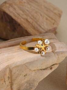 1 件时尚仿珍珠海星戒指女士金色不锈钢优雅开口戒指夏季海滩度假派对珠宝礼物 - 金黃色 - 查看 3