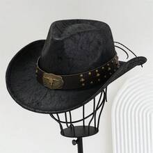 Women Men Cowgirl Hat, Vintage Bull Head Roll-Up Wide Brim Western Hat For Daily Party - 黑色 - 查看 2
