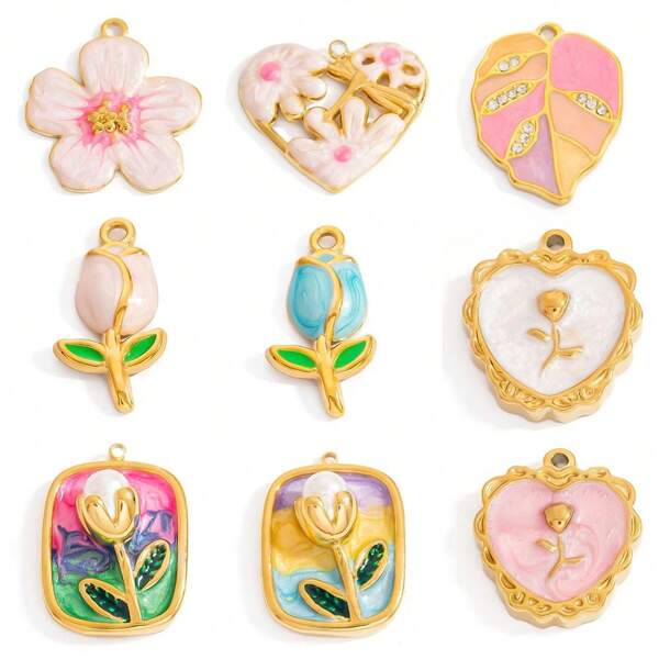 Set Of Stainless Steel 18K Goldplated Oil Drop Flower Garden Heart Sweet Pink Jewelry Making Pendants, Suitable For DIY Necklaces, Bracelets, Earrings