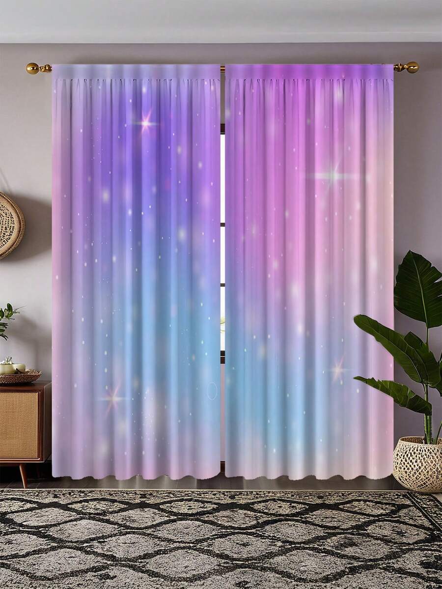 2件裝夢幻漸層星空印花裝飾窗簾，免鑽孔穿桿設計，桿掛式，易安裝可拆卸，聚酯纖維材質，適用於臥室、辦公室、廚房、客廳、書房及其他家居裝飾