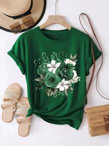 Camiseta de mujer estilo boho con estampado floral vintage - Blusa de cuello redondo de manga corta lavanda casual, para primavera/verano, regalo para ella, de tela opaca, material ligero, camisa estampada, ropa de verano - Verde - Ver 1