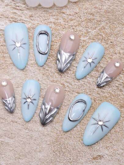 Light Blue 10-Piece Long Almond-Shaped Handcrafted (Press And Stick) Wearable Nails, Star-Shaped And Asymmetrical Three-Dimensional Silver-Decorated French Elegant And High-End Wearable Nails, Fully Adhesive Detachable False Nail Set, Suitable For Office Workers, Students, Party Girls And Nail Care Products For All Seasons,Adhesive Wearing Method, Reusable. It Is Equipped With Jelly Glue And Nail Files.