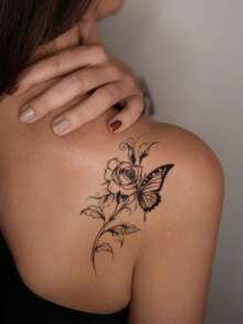 1pc Washable Temporary Floral & Butterfly Design Tattoo Sticker, Elegant Flower Tattoos, Waterproof & Sweat Resistant, Suitable For Daily Use - Black - View 2