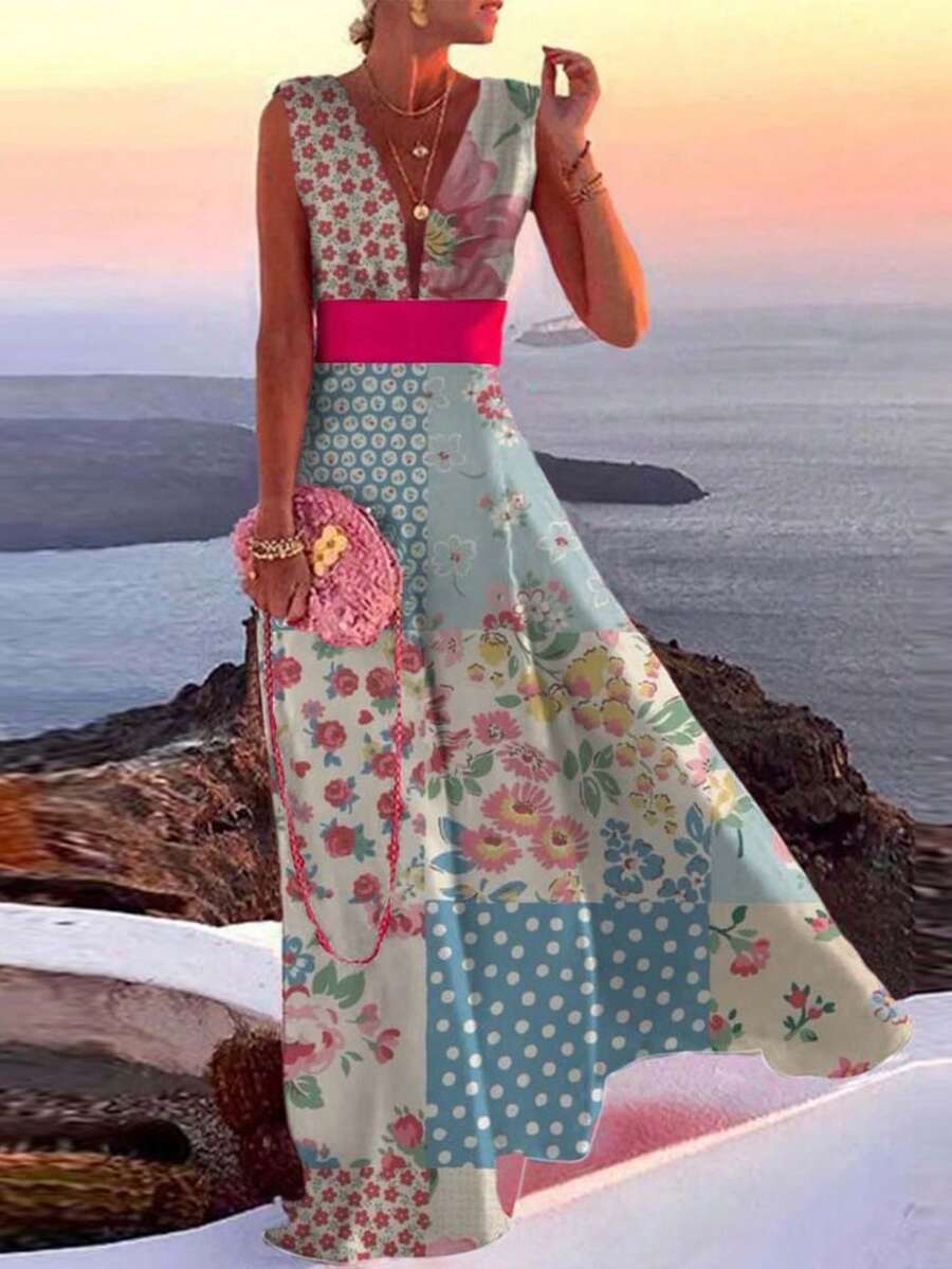 女士时尚无袖 V 领系带 A 字印花长裙，休闲舒适户外连衣裙 - 藍色 - 查看 1