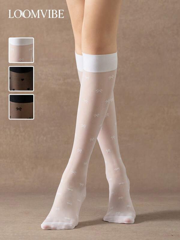 1/3 Pairs Women Knee High Socks With Heart & Bow Design, Elegant Casual Romantic Fashion Versatile Breathable