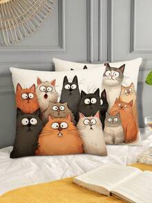4pcs Cute Cartoon Cat Pattern Pillow Covers, Simple Cartoon Style Square Faux Linen Hidden Zipper Single-Sided Print Cushion Cover, Not Including Pillow Inner, Suitable For Farmhouse, Living Room, Bedroom, Sofa Decoration - Gray Brown - View 7