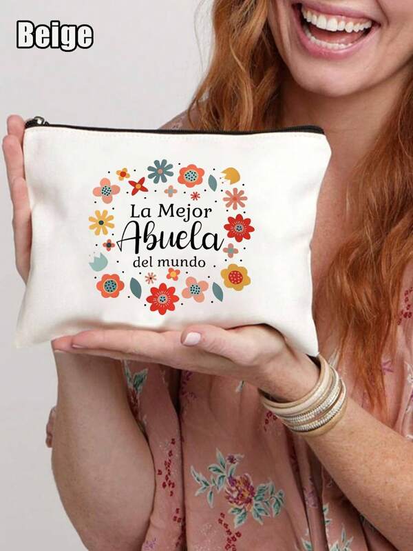 1 pieza "Te amo abuela" Bolsa de maquillaje - Diseño floral con motivos de corazón, Bolsa de viaje de poliéster beige para mujeres y hombres, regalo perfecto para las abuelas, ideal para viajes, vacaciones, negocios, fitness y camping, mejor para Navidad, artículos de viaje, vacaciones, verano, vuelta al colegio, bolsa para la escuela, bolsa de viaje para mujeres, bolsa de maquillaje para viajes