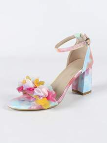 Sandalias con tacón grueso, puntera cuadrada y decoración floral para mujer, estilo dulce y elegante para boda, fiesta en primavera/verano