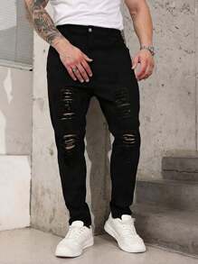 1pc Men's Black Stretch Denim Jeans, Streetwear Casual Jogger Pants, Breathable Skinny Ripped Jeans Suitable For City Walking, Parent-Child, Outdoor Activities