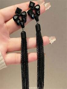 Elegant Black Rhinestone Tassel Chain Drop Earrings, Luxury Minimalist Long Earrings, Versatile