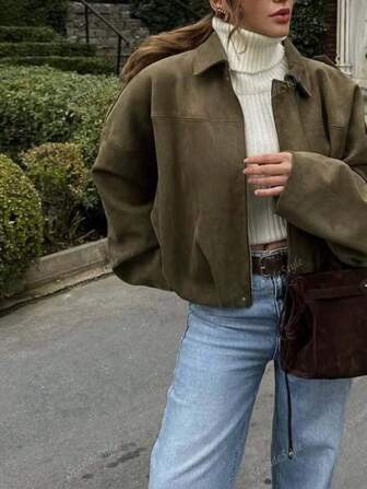 1pc Women's Fashionable Casual Bomber Jacket With Batwing Sleeves
