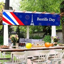 1 幅 45x200 厘米涤纶巴士底日门廊横幅 - 带有埃菲尔铁塔和烟花图案，鲜艳的红白蓝条纹，耐候室内/室外悬挂横幅，适用于栅栏墙派对装饰，带有 4 个挂环，适合户外庆祝活动、节日设计、爱国装饰、织物、国庆节装饰、家居装饰