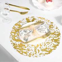 12/24/50/100/150 Stücke 33cm rundes Einweg-Besteck-Set in Goldfarbe, elegante Folie Tisch-Deko, geeignet für Hochzeit, Party, Veranstaltung, Weihnachten, Thanksgiving, Geburtstag, Abschluss, Candle-Light-Dinner, Valentinstag und Single-Party