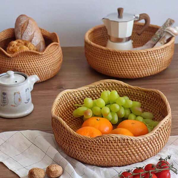 1 Stück Rattan Wellen-förmiger Rand runder Tablett, Obstplatte, Küchen Aufbewahrungskorb, Gemüsekorb, handgewebter Rattan Aufbewahrungskorb