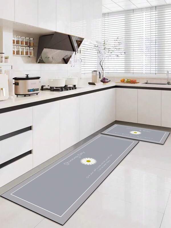 1 pezzo di tappetino da cucina in diatomite, in stile fresco e semplice, con pattern a margherite intrecciate e testo in inglese, di colore grigio di alta qualità, antifatica con cuscinetto di circa 3mm di spessore, tappetino da cucina assorbente e tappeto, tappetino in morbida gomma di diatomite, adatto per cucina, bagno, ingresso, lavanderia e altri ambienti