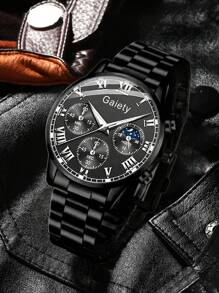 Ensemble de 4 montres à quartz pour homme, bracelet noir, à la mode et simple, cadran à trois yeux, chiffres romains, bracelet, collier, bague, idéal pour un usage quotidien, une décoration ou comme cadeau de vacances.