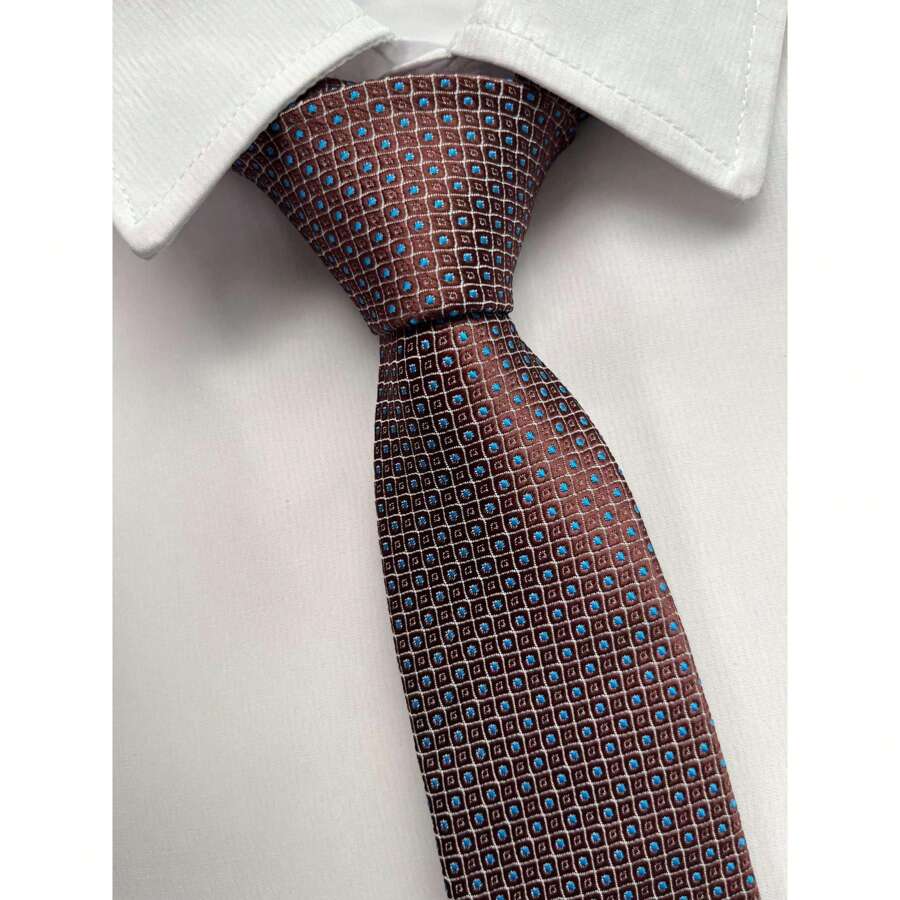 Gravata Semi Slim Marrom Escura com Pontinhos Azul - 1200 Fios