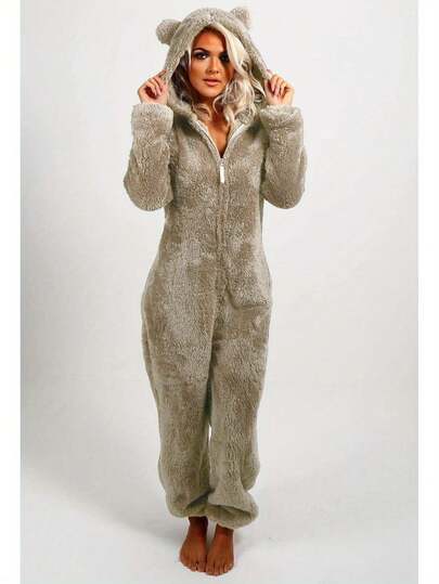 Women Thick Plush Sleeping Romper With Bear Ear Hat, Long Sleeve Zipper Hooded Jumpsuit For Autumn, Winter