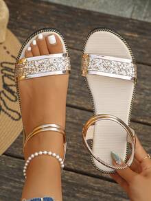 1 Pair Summer Casual Slip-On Shiny Comfortable Flat Sandals For Teenagers