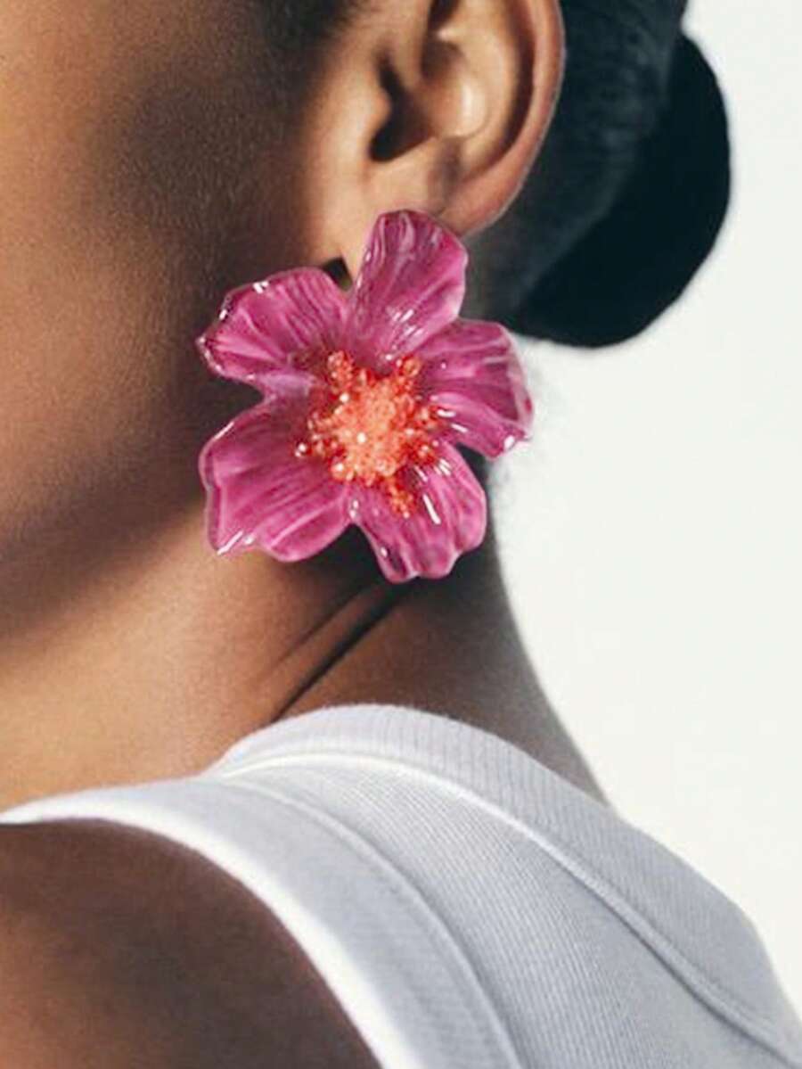 ZAA彩色树脂花朵耳环一对，奢华高品质优雅女士珠宝配饰，适合节日和派对佩戴 - 玫紅色 - 查看 1