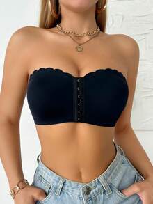 1 件前扣黑色单肩扇形紧身胸衣，配有宽硅胶升级防滑带，舒适衬垫文胸，无缝无线文胸 - 黑色 - 查看 5