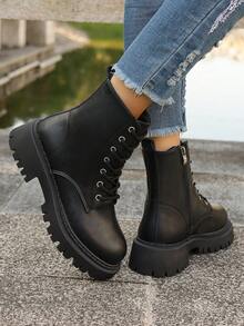 2025秋冬新款时尚复古白色女靴，厚底黑色靴子，厚底机车踝靴，街头风 - 黑色 - 查看 7