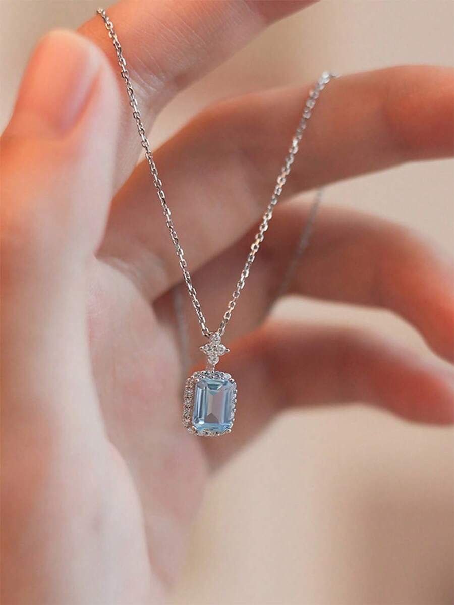 1pc Aquamarine Perfume Bottle Pendant Necklace For Women, Exquisite Design, Luxury Zirconia Clavicle Chain, High-End Gift - Silver - View 1