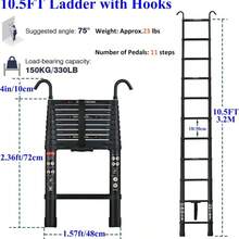 Vandise 3.2-6.2m Heavy Duty Aluminum Telescoping Ladder 150kg/330lb Max Load Capacity - Detachable Anti-Slip Hooks & Rubber Feet - Portable Extension Attic Loft Roof Ladder For Home Warehouse Industrial Use - Adjustable Folding Telescopic Stair Ladder With Locking System - ANSI Certified Durable Construction Ladder For Painting Cleaning Maintenance - Black - View 7