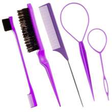 5 Packs Hair Loop Tool Set With 2Pcs French Braid Tool Loop, Leather Sheath Cutter, Teasing Hair Brush Rat Tail Comb Edge Brush For Edge & Back Brushing, Combing, Slicking Hair For Women For Hair Styling,Hair Brush,Comb,Hair Tools,Hair Products And Accessories For Barber Salon Beauty Travel Essentials