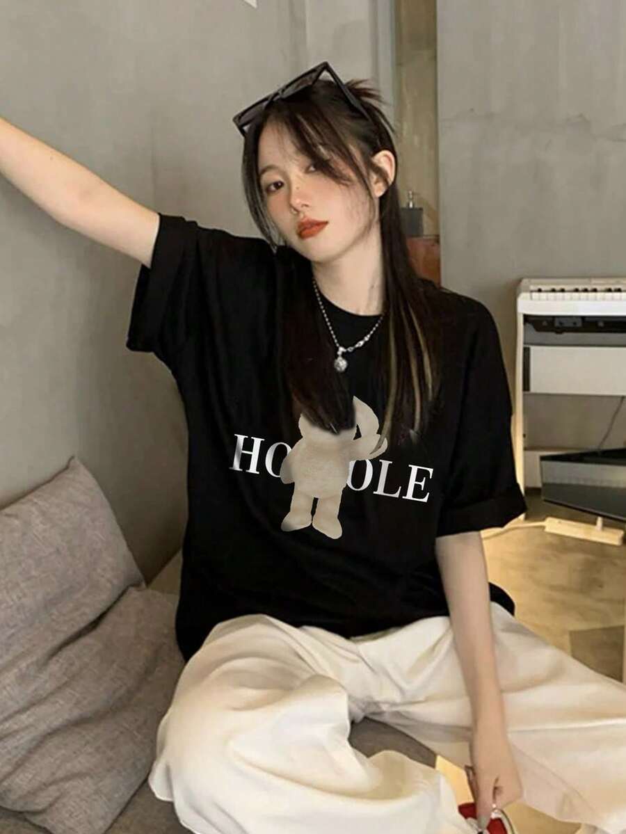 200g Pure Cotton T-Shirt 2025 Summer Ladies New Short Sleeve Pure Cotton Holiday Pattern Short Sleeve Round Neck Couple Wear Small Shirt Tops - 黑色 - 查看 1