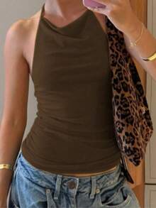 Budhaul 时尚露背背心返校街头服饰机场夏季女士夏季上衣 - 棕色 - 查看 4