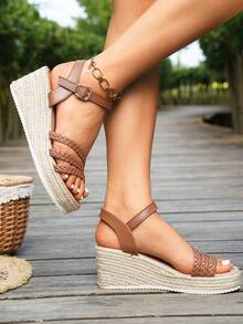 女士草编绳编织厚底凉鞋，时尚春夏厚底