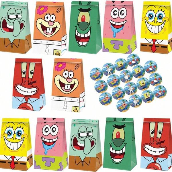 SPONGEBOB Set de 6 piezas/12 piezas de decoración para fiesta de cumpleaños de Bob Esponja, incluyendo bolsas de regalo de papel, cajas de caramelos y accesorios para eventos y regalos