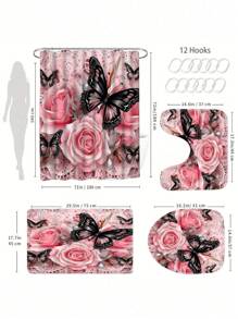 1/4 pièces Jeu de salle de bain rose floral et papillon mignon, tapis en forme de U, couvercle de toilette, avec 12 crochets - style moderne, accessoires de salle de bain de haute qualité, facile à nettoyer, convient à toutes les occasions, de retour à l'école