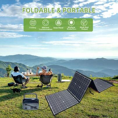 لوحة طاقة شمسية أحادية البلورة قابلة للطي 100 واط مع حامل؛ شاحن طاقة شمسية محمول للخارج؛ منفذي USB مزدوج ومنافذ تيار للشحن السريع؛ لوحة طاقة شمسية مناسبة للهواتف والأجهزة اللوحية والمراوح والمصابيح الكهربائية وشحن بنوك الطاقة؛ ملحقات للتخييم والرحلات والعطلات والسفر بالمركبات الترفيهية