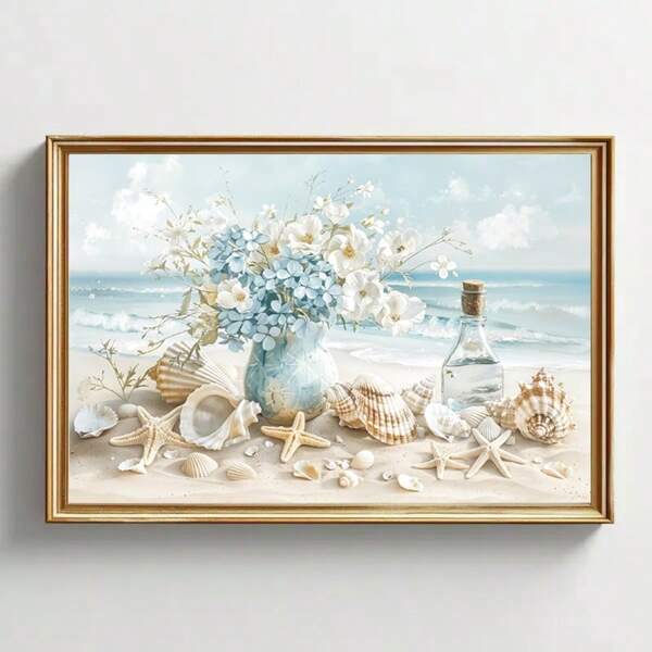 1Pc Coastal Decor Wall Arts Posters: Summer Beach, Beach, Shell, Suitable For Beach Room Decoration, Home Bedroom, Living Room, Office Wall Decoration, Printing Pictures, Posters, Canvas, Wall Art, Oil Painting Imitation(No Frame)