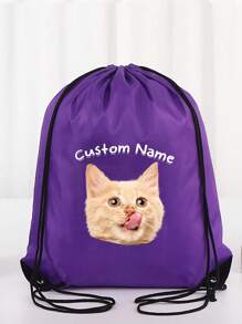 Customizable Pet Name And Photo Polyester Drawstring Bags, Personalized Logo/Text, Durable Multi-Purpose Backpacks For Weddings, Showers, Birthdays, Graduations, Holidays & More, Event Giveaway Bags | Bold Visual Appeal | Lightweight Backpack