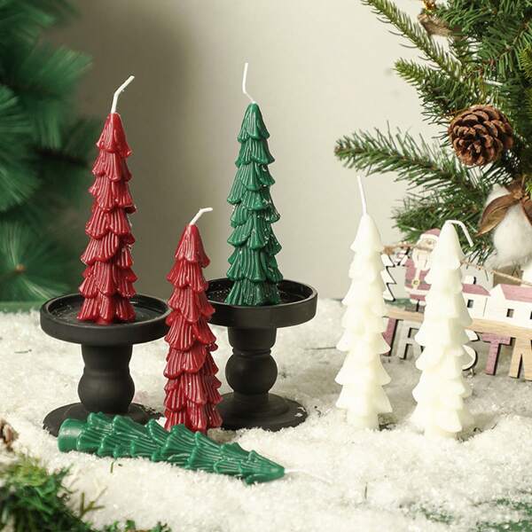 Multi-Colored Christmas Tree Candles, Unscented Green Christmas Tree Shaped Taper Candles, 10-Inch Decorative Christmas Tree Candles, Aesthetic Christmas Relaxation Candles, Gift For Centerpiece Decoration.