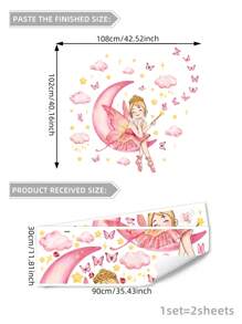1 Set Of 2 Moon Girl Floral & Butterfly Wall Stickers For Girls' Bedroom, Living Room Or Background Wall Decor, Stickers, Wall Decal, Vinly Decal For Home Decorations, Spring Decoration Items Refresh Your Home, Rama Decoration Stickers