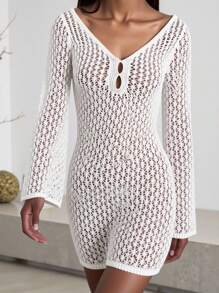 Summer Beach Vacation Women Solid Color Sexy Knit Hollow Out Bikini Cover-Up Swimsuit Sunscreen