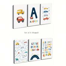 6pcs/Set Customized Canvas Posters Optional Frame, Transportation Prints, Vehicles Art Print, Printable Wall Art, Construction Nursery Art Posters, Boys Room Decor Posters, Alphabet Cars, Little Drivers Wall Arts