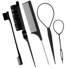 5 Packs Hair Loop Tool Set With 2Pcs French Braid Tool Loop, Leather Sheath Cutter, Teasing Hair Brush Rat Tail Comb Edge Brush For Edge & Back Brushing, Combing, Slicking Hair For Women For Hair Styling,Hair Brush,Comb,Hair Tools,Hair Products And Accessories For Barber Salon Beauty Travel Essentials