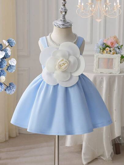 0 - 3 Years Baby Girls' Elegant Sleeveless Dress, Black Skirt With Oversized White Flower Accent