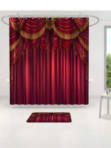 1pc/4pcs Luxury Red European Noble Style Multifunctional Bathroom Waterproof Shower Curtain With 12 Hooks, Anti-Slip Bathroom Mat, U-Shaped Floor Mat And Round Toilet Seat Cover, Full Bathroom Set Bathroom Accessories Back To School