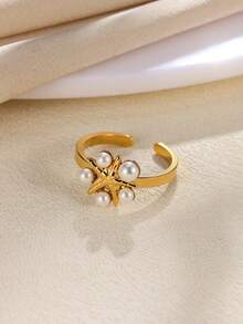 1 件时尚仿珍珠海星戒指女士金色不锈钢优雅开口戒指夏季海滩度假派对珠宝礼物 - 金黃色 - 查看 1