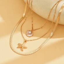 3pcs/Set Women's Fashion Minimalist Starfish & Seashell Multi-Layer Chain Necklace Jewelry Set, Summer