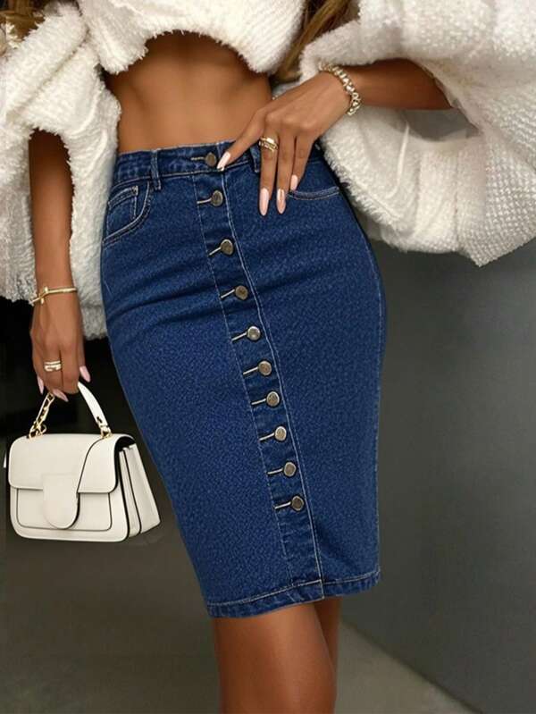 1pc Women's Casual Button-Up Elastic Denim Pencil Skirt