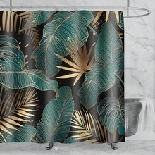 1pc - Abstract Palm Leaf Tropical Shower Curtain Set, Emerald Green Black Golden Modern Plant Hawaiian Shower Curtain With 12 Hooks, Non-Slip Bathroom Floor Mat, Toilet U-Shaped Mat, Cover Mat, Bathroom Accessories Home Decoration Back To School