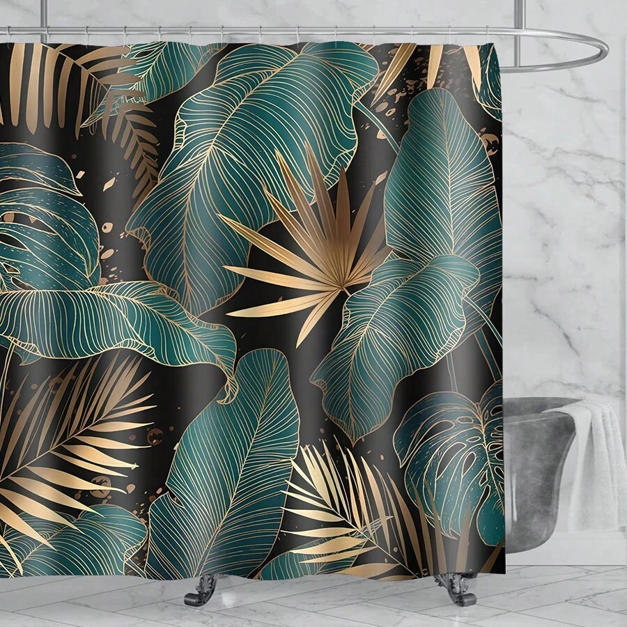 1pc - Abstract Palm Leaf Tropical Shower Curtain Set, Emerald Green Black Golden Modern Plant Hawaiian Shower Curtain With 12 Hooks, Non-Slip Bathroom Floor Mat, Toilet U-Shaped Mat, Cover Mat, Bathroom Accessories Home Decoration Back To School